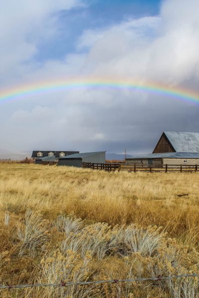 Rainbow over historic hay barn silo Carson valley Nevada Genoa Minden