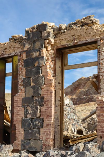 Candelaria Nevada Ghost Town brick and rock building with metal doors